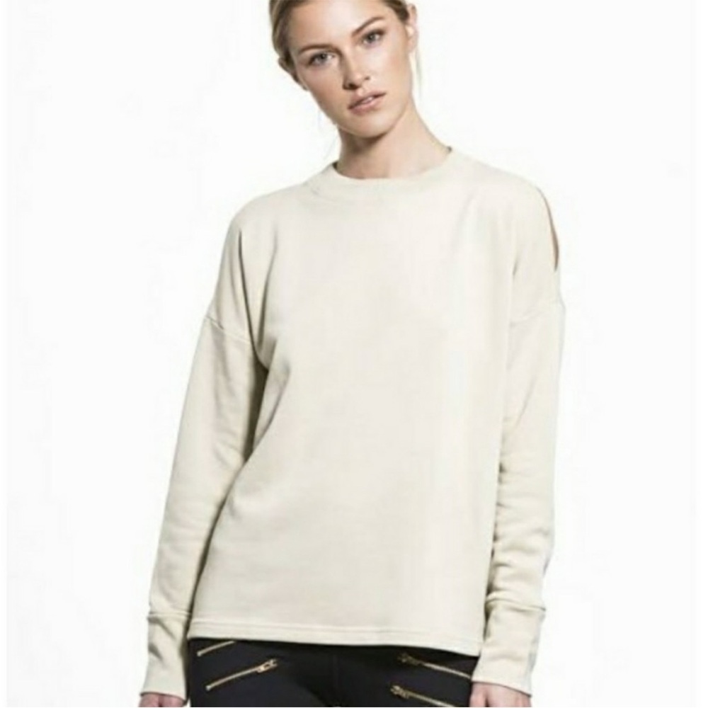 Varley Terry Cotton Crewneck Pullover Beige Cold Shoulder Top Sweatshirt Sz XS